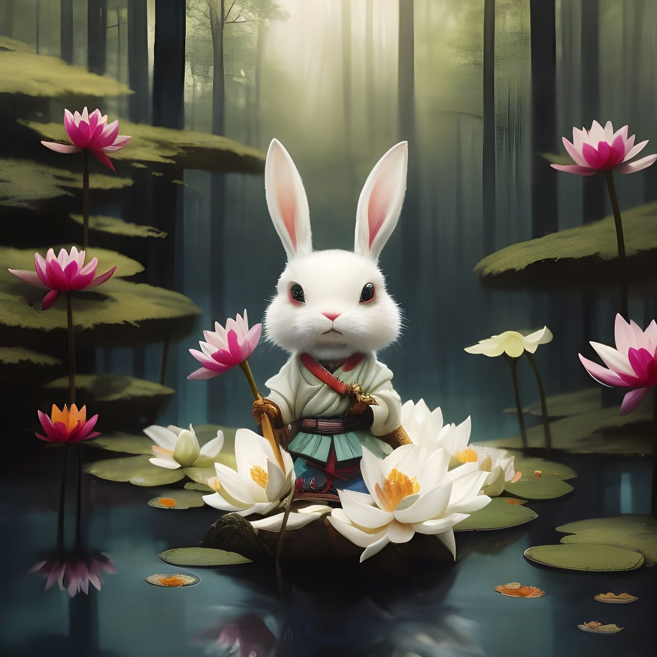 Chibi Bunny Samurai at Forest Lake