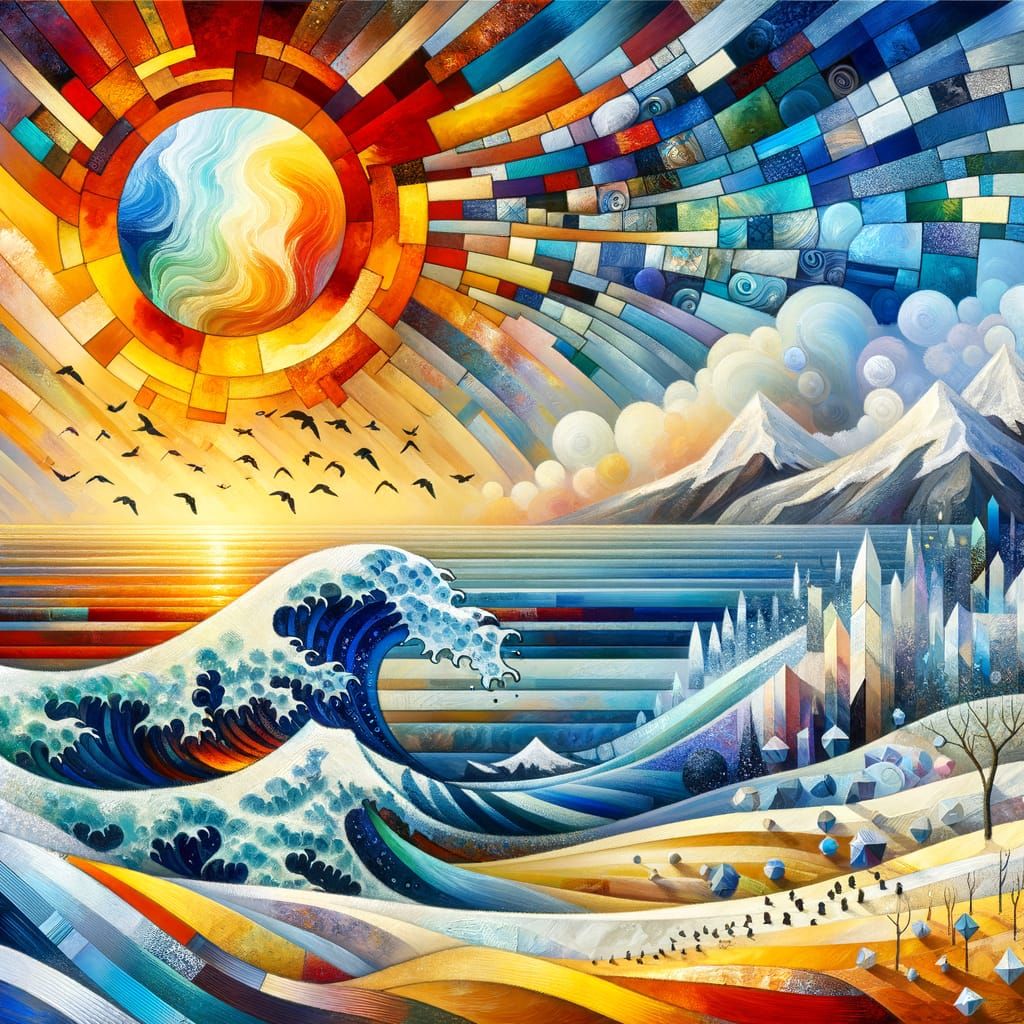 Mosaic Ocean Wave with Impasto and Origami Details