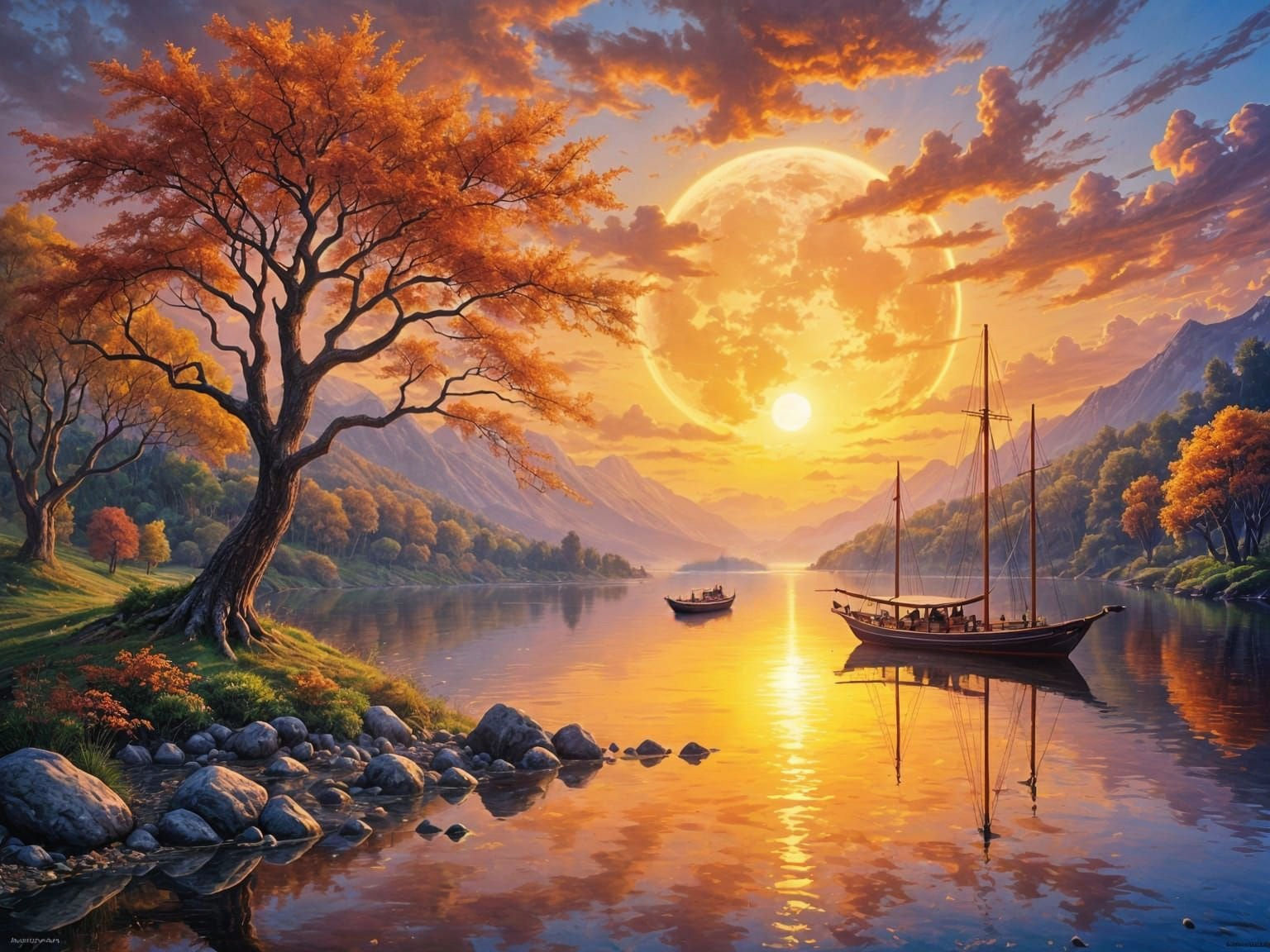 Chinese Boats On a Lake