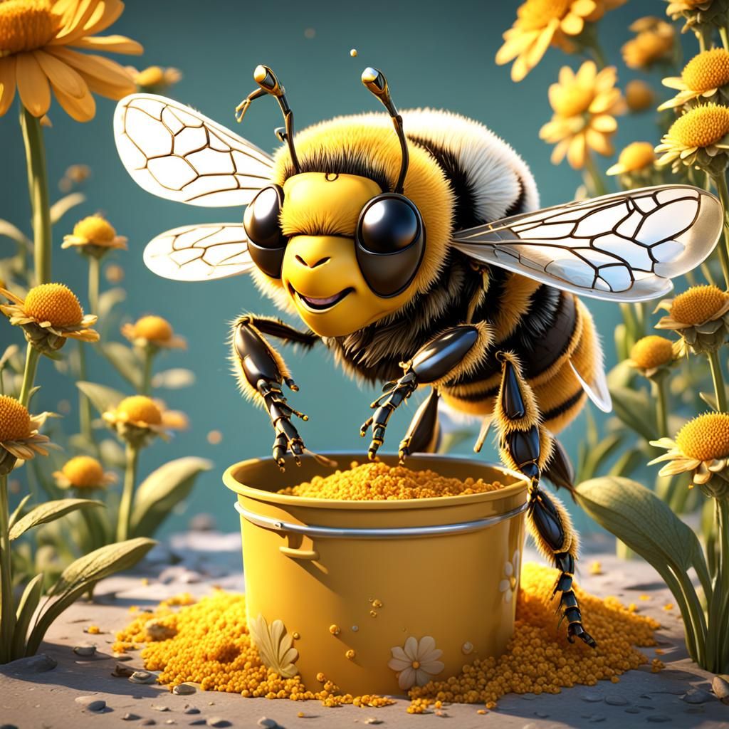 Bee Collects Pollen: 3D Cartoon Character