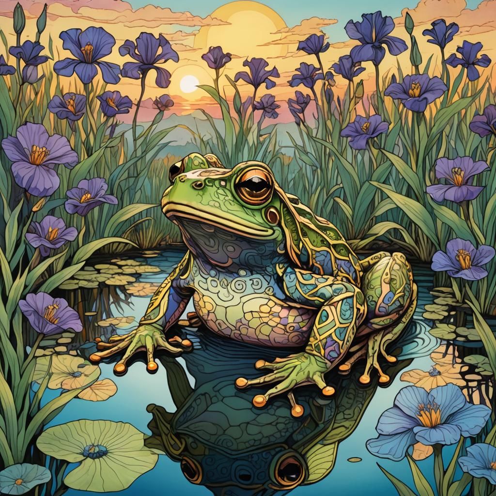 Frog in Pond with Irises: Zentangle Art
