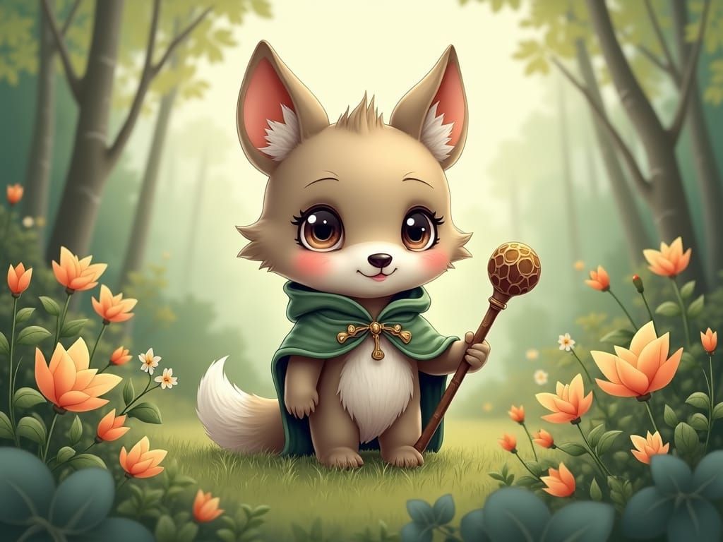 Chibi Fantasy Wolf in Watercolor Forest