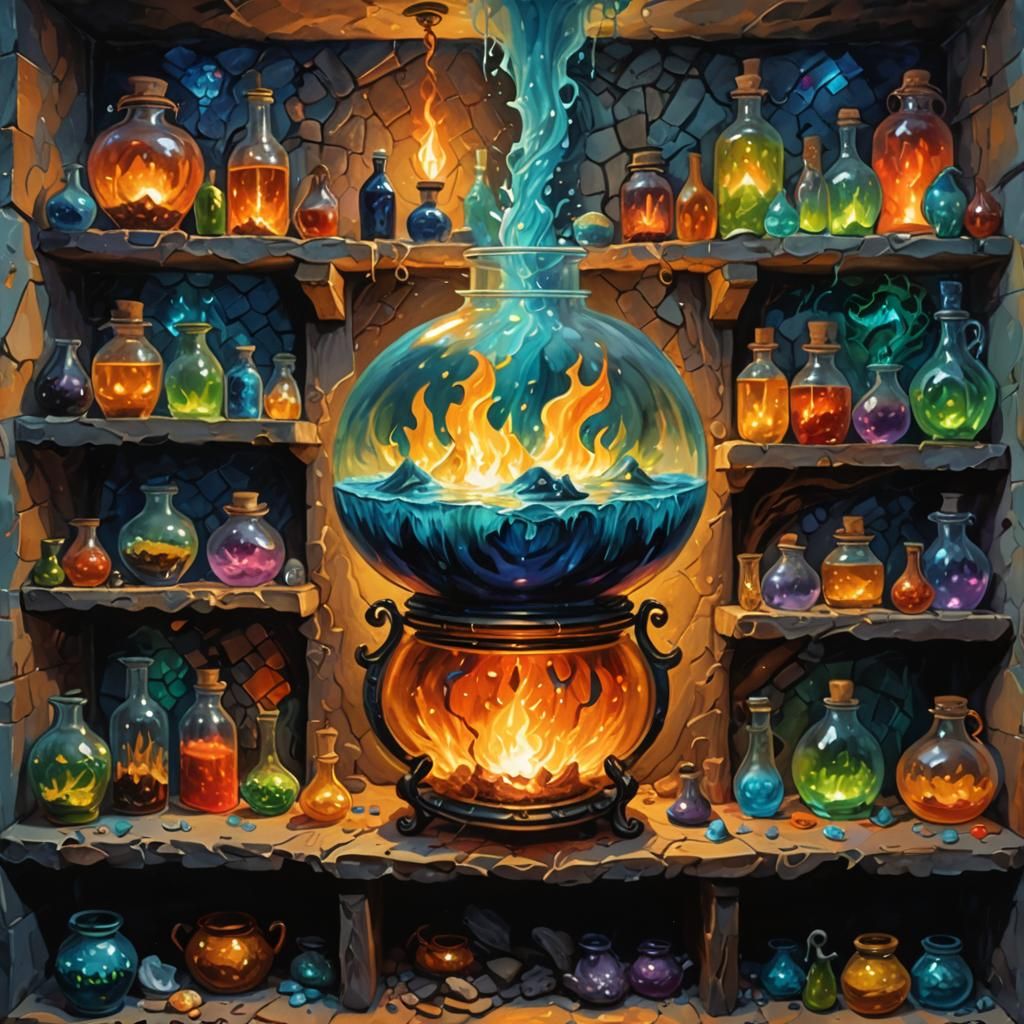 Sea Witch's Cave: Fantastical Potions in Impasto Style