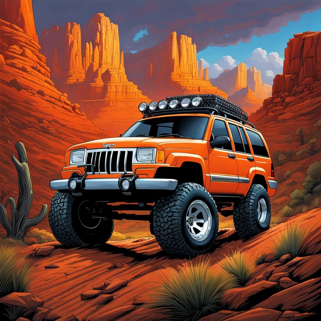 Disney Cars Themed Orange Jeep Comic Art