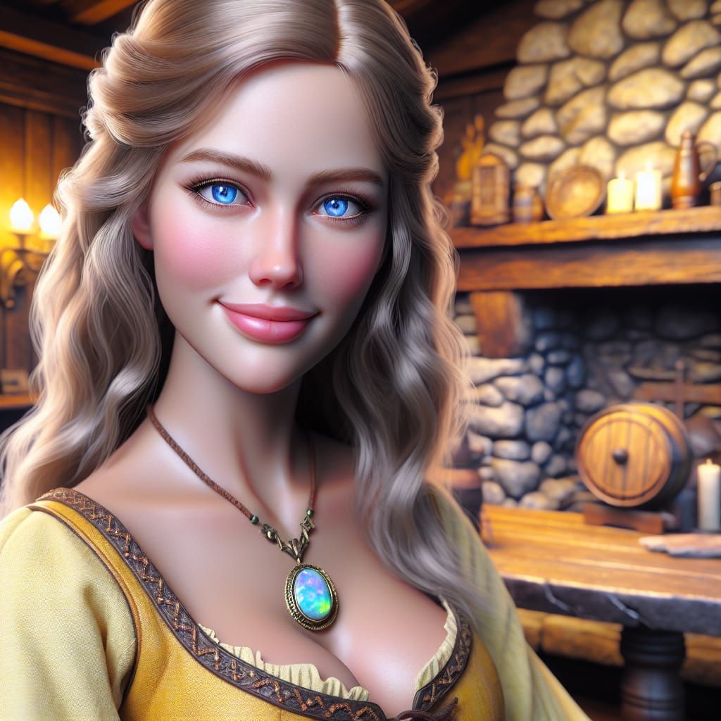 Norse Goddess in Yellow Gown Adorns Opal Pendant at Tavern F...