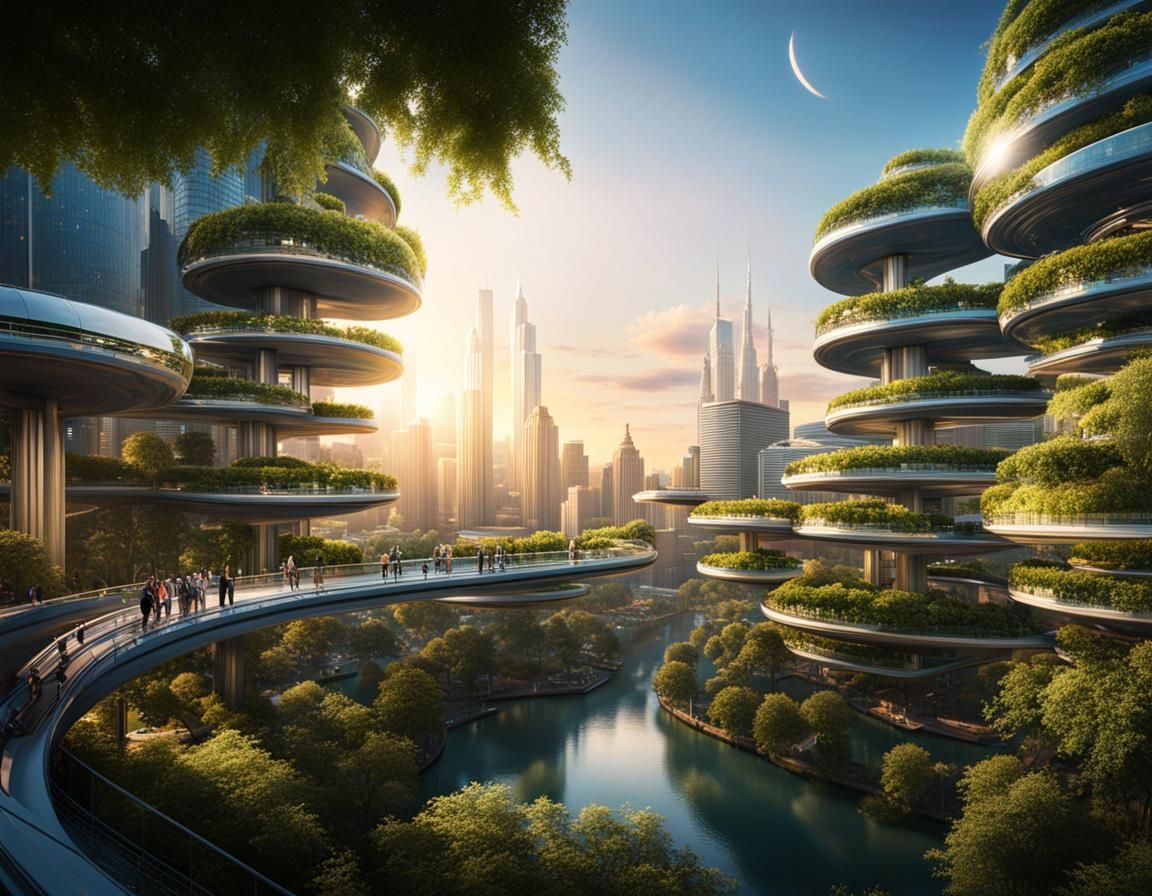 Utopian City of Steel and Glass at Magic Hour