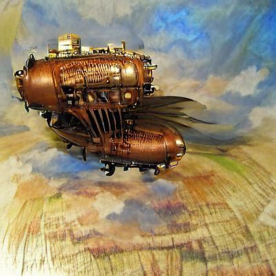 Dieselpunk Airship with Damaged Steampunk Engine