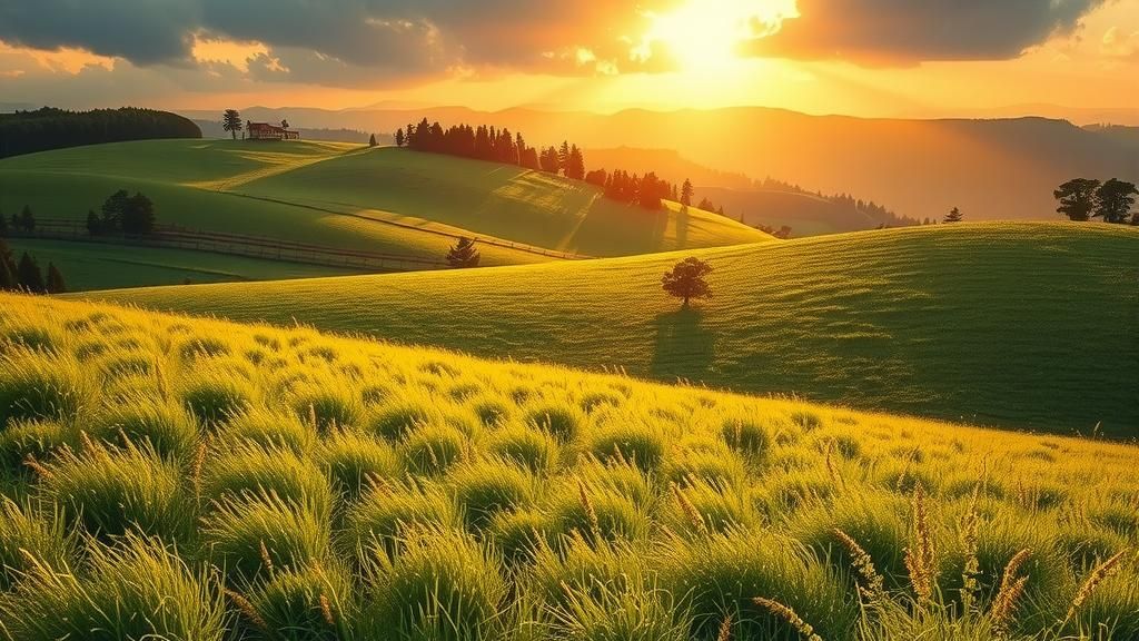Idyllic Green Meadows with Golden Sunrays, Dreamy Art