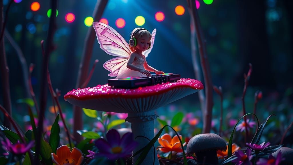 Fairy DJ Raves on Mushroom in Forest