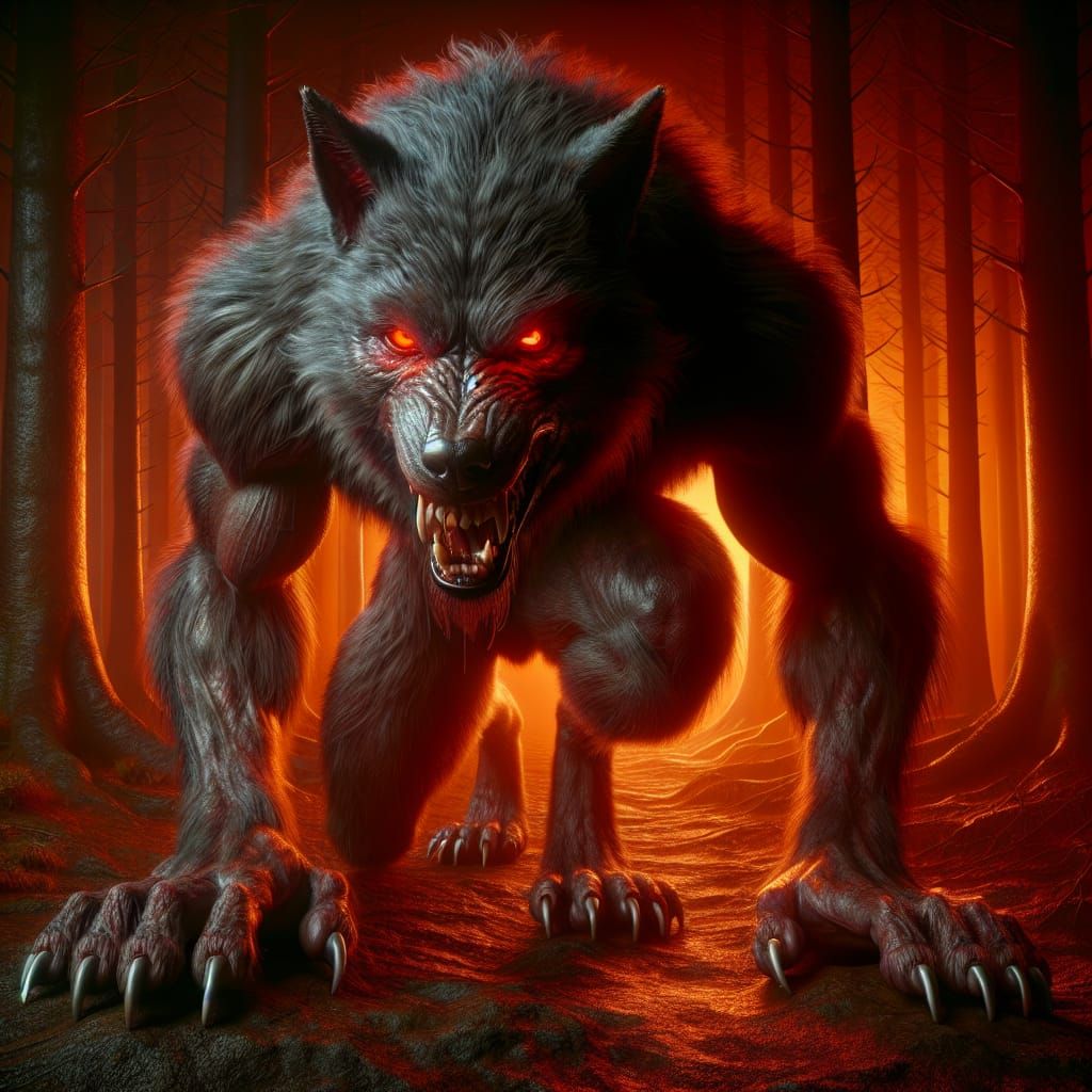 Photorealistic Werewolf with Dripping Fangs in Dark Forest