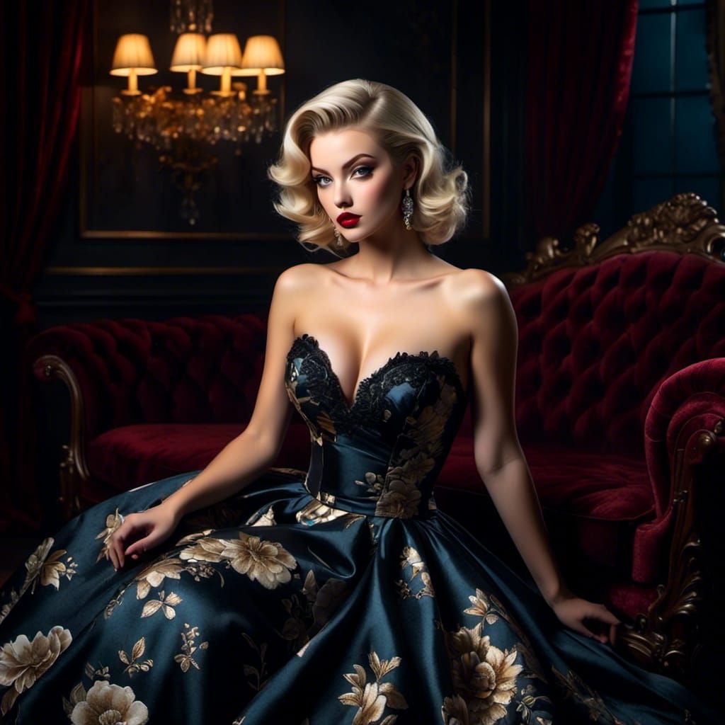 Glamorous Blonde Model in Evening Gown, Hyper-Realistic Phot...