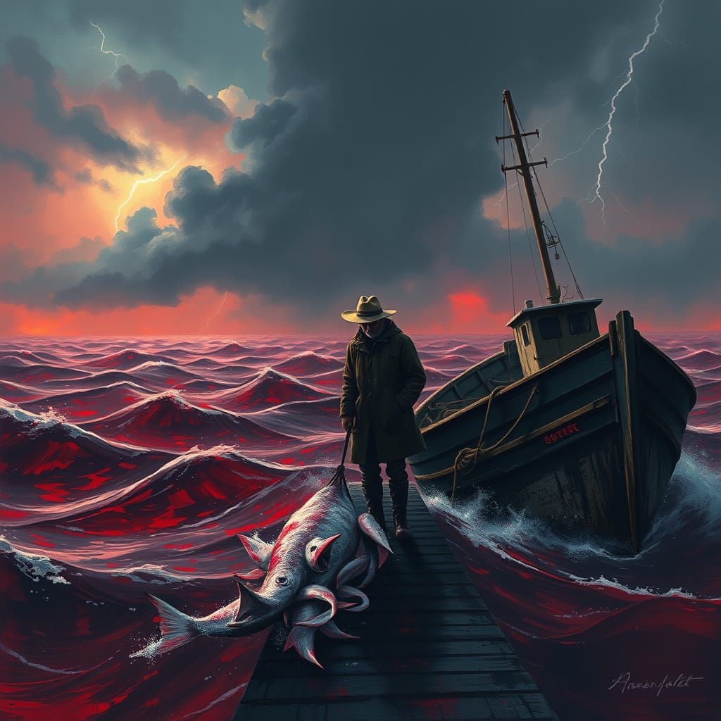 Gritty Fisherman Battles Crimson Sea