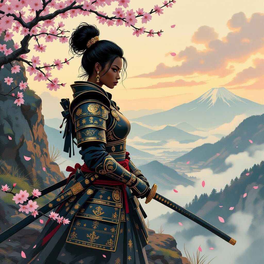 Black Woman Samurai on Windswept Cliff