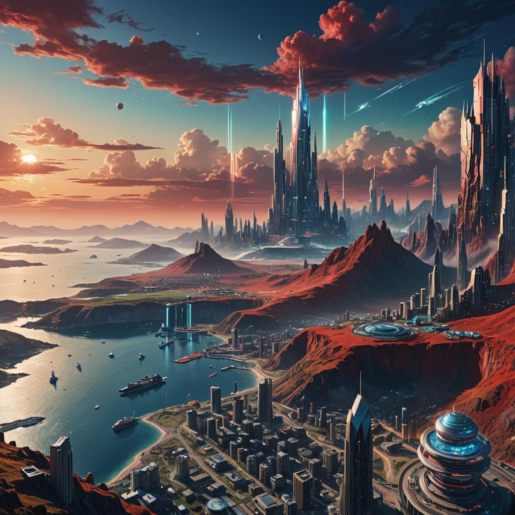 Futuristic Coastal City with Borealis Sky
