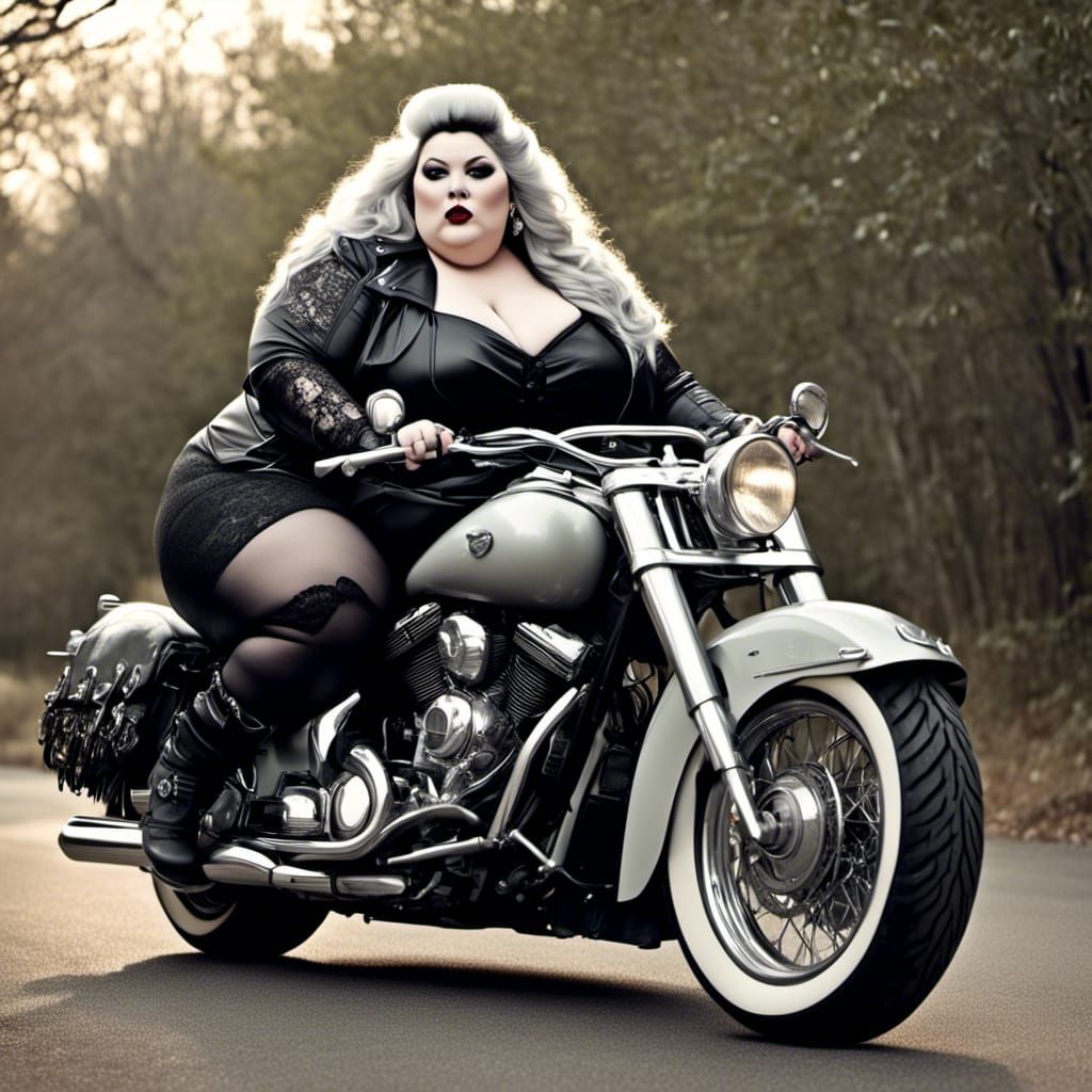 Plus-Size Woman on Motorcycle in Hyperrealism Style