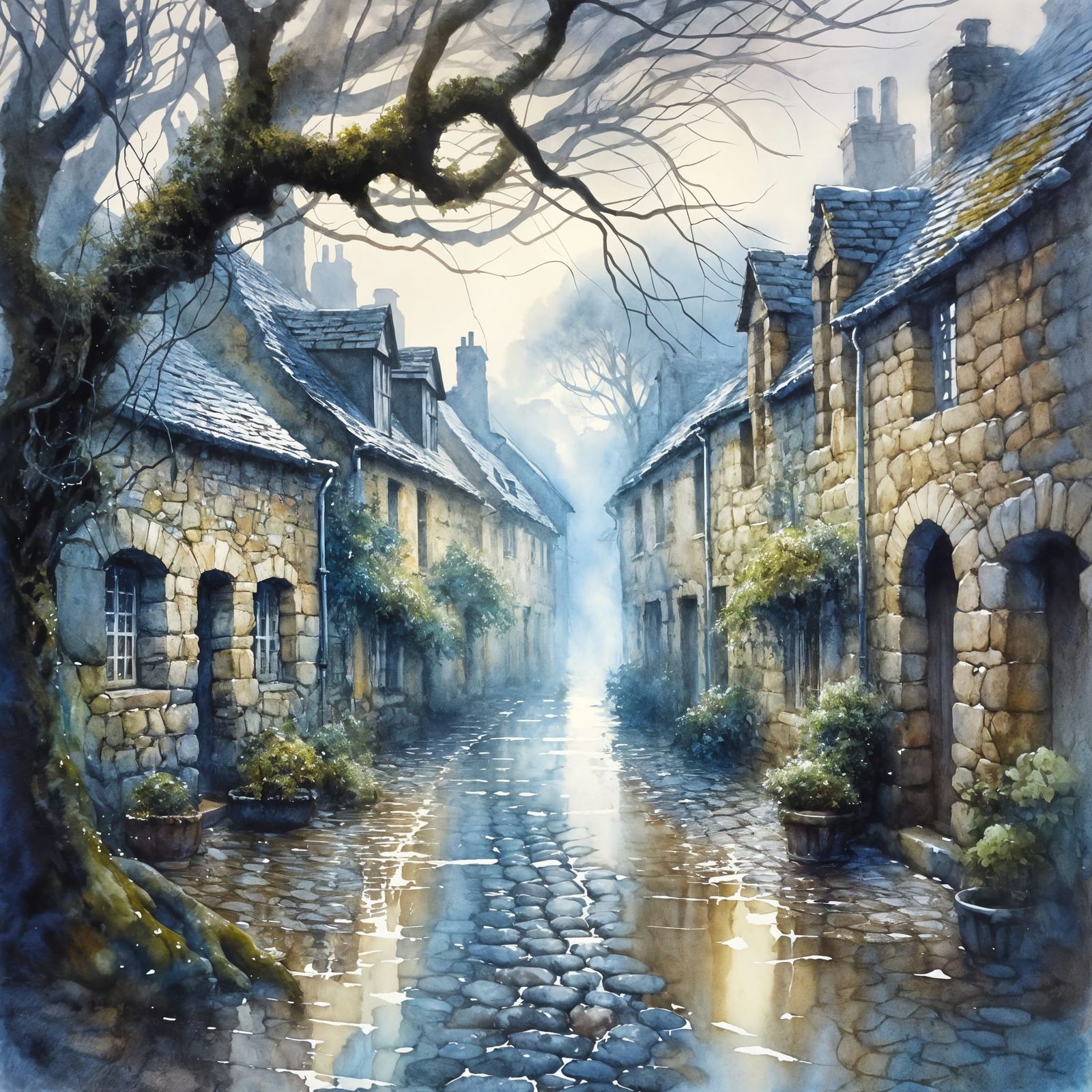 Moody Watercolor of Wet Cobblestone Streets