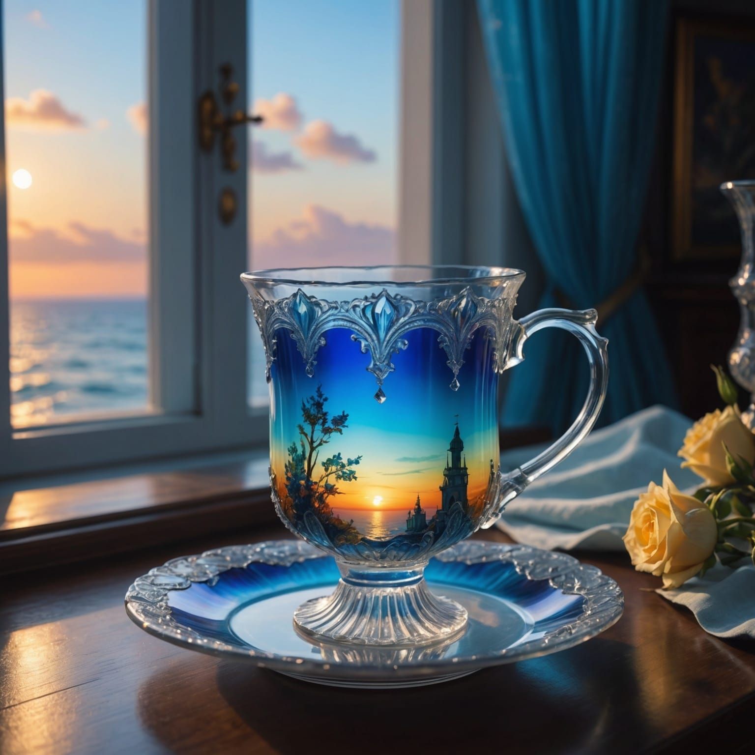 Ethereal Rainbow Ghost with Sunrise Teacup, Digital Art