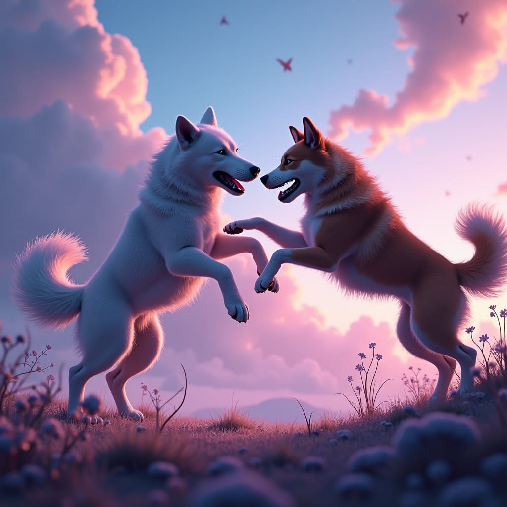Dogs Clash Mid-Air in Dreamlike Fantasy Art
