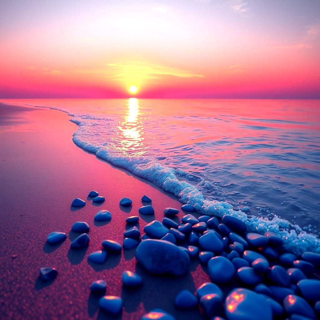 Dawn Seaside Scene with Iridescent Light and Blue Pebbles
