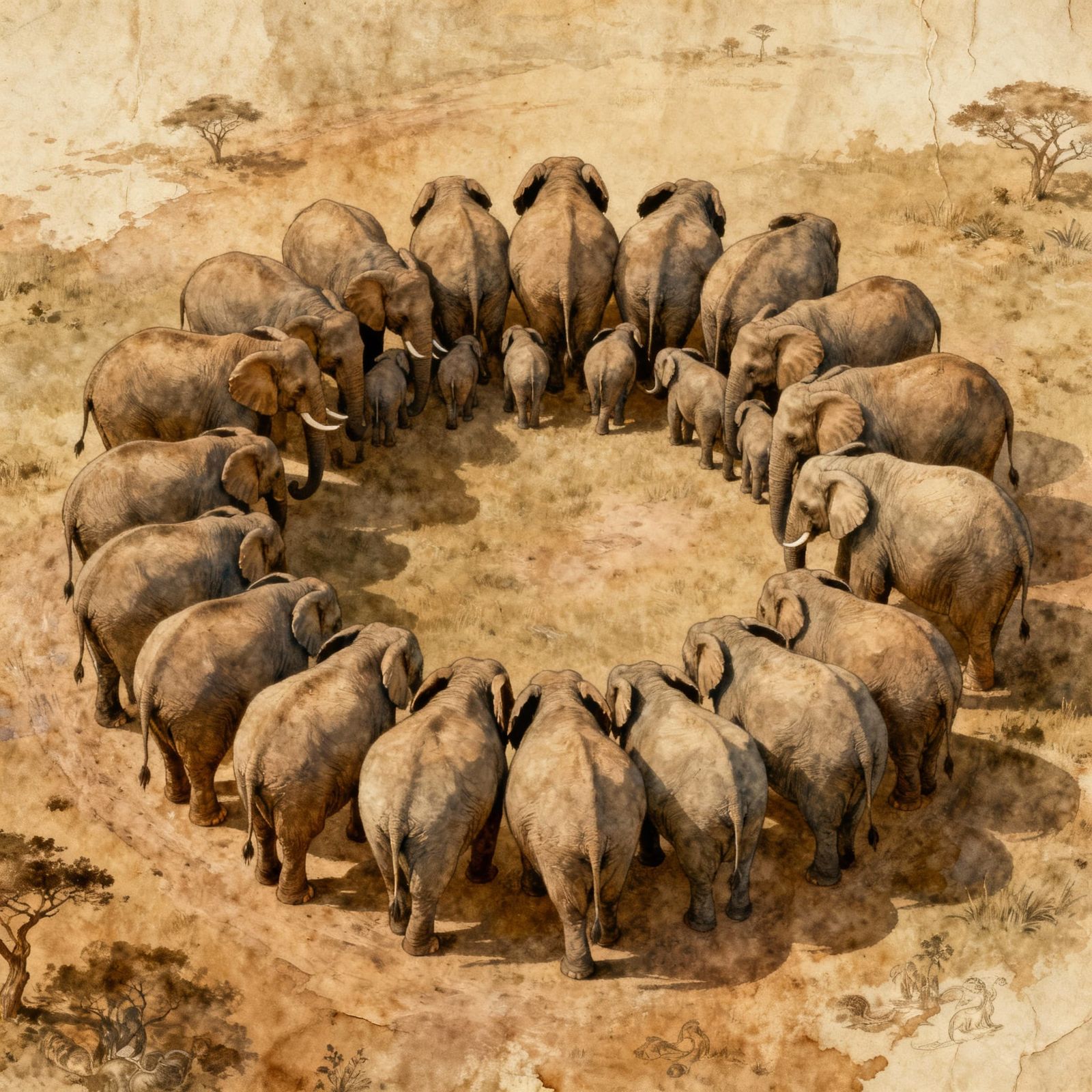 Bromoil Print: Elephant Family Forms Circle of Trust