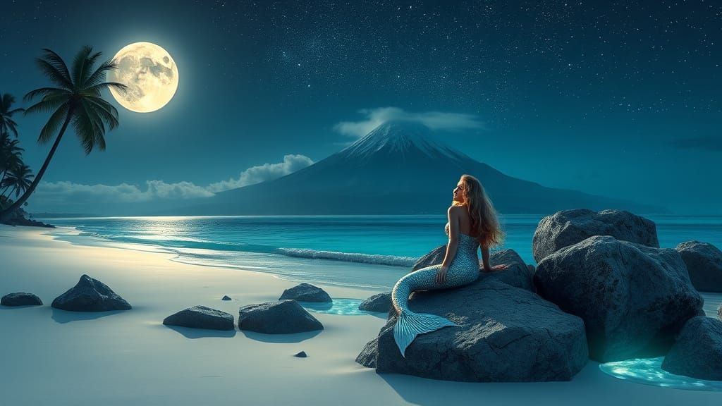 Surreal Tropical Oasis Under Moonlit Skies