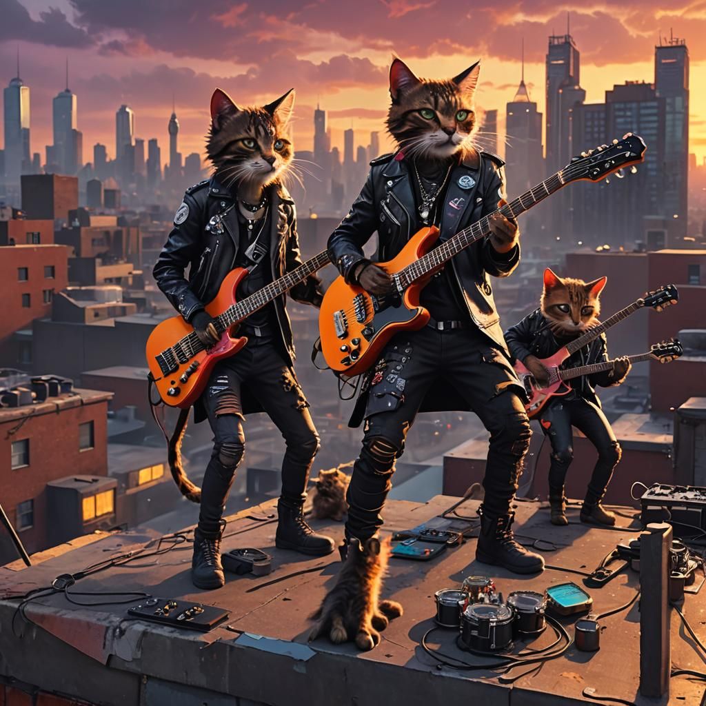 Kitty Cat Punk Rockers in Dystopian Cityscape