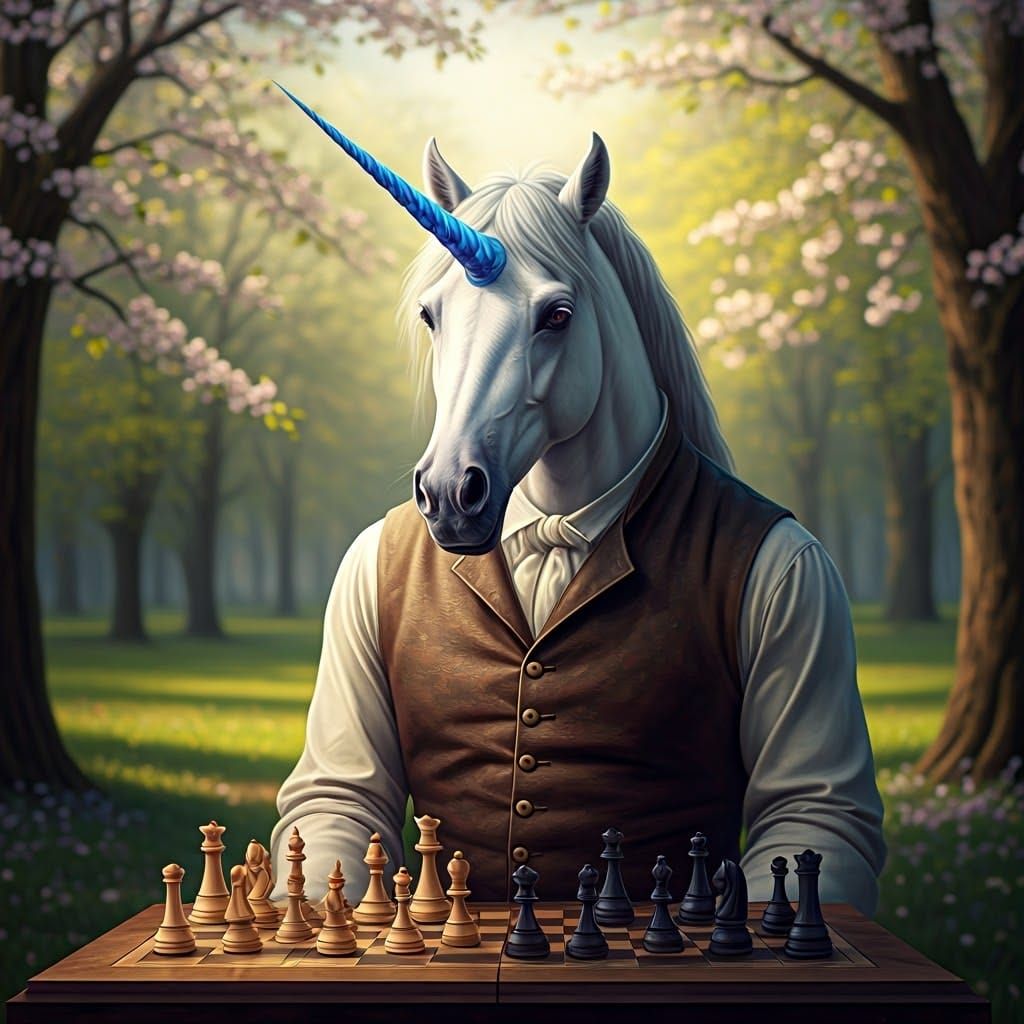 Unicorn Playing Chess in Park, Hyper-Realistic Digital Art
