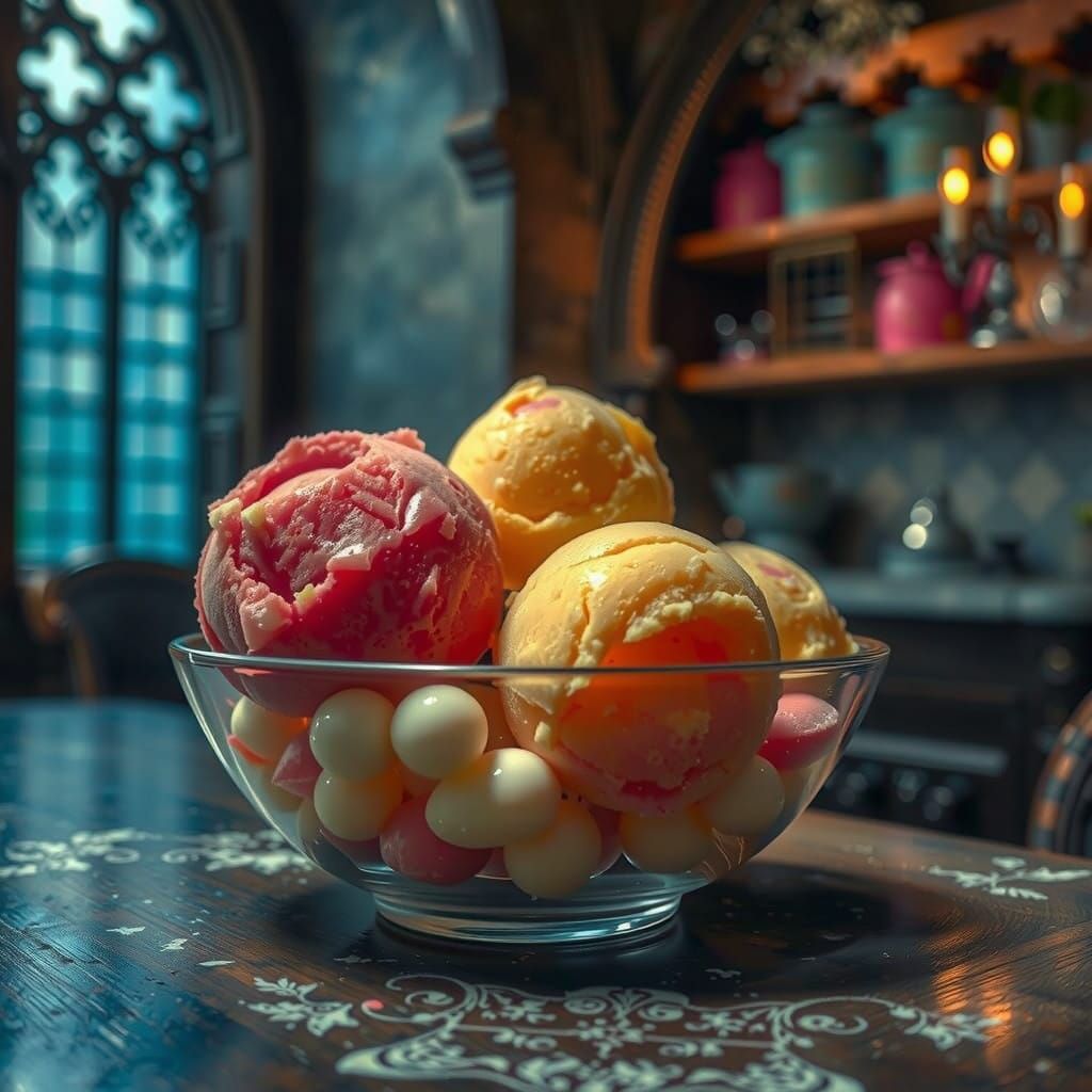 Gothic Rainbow Sorbet Still Life in Hyperrealistic Style