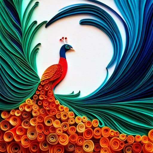 Paper Quilled Peacock in Surreal Landscape Style