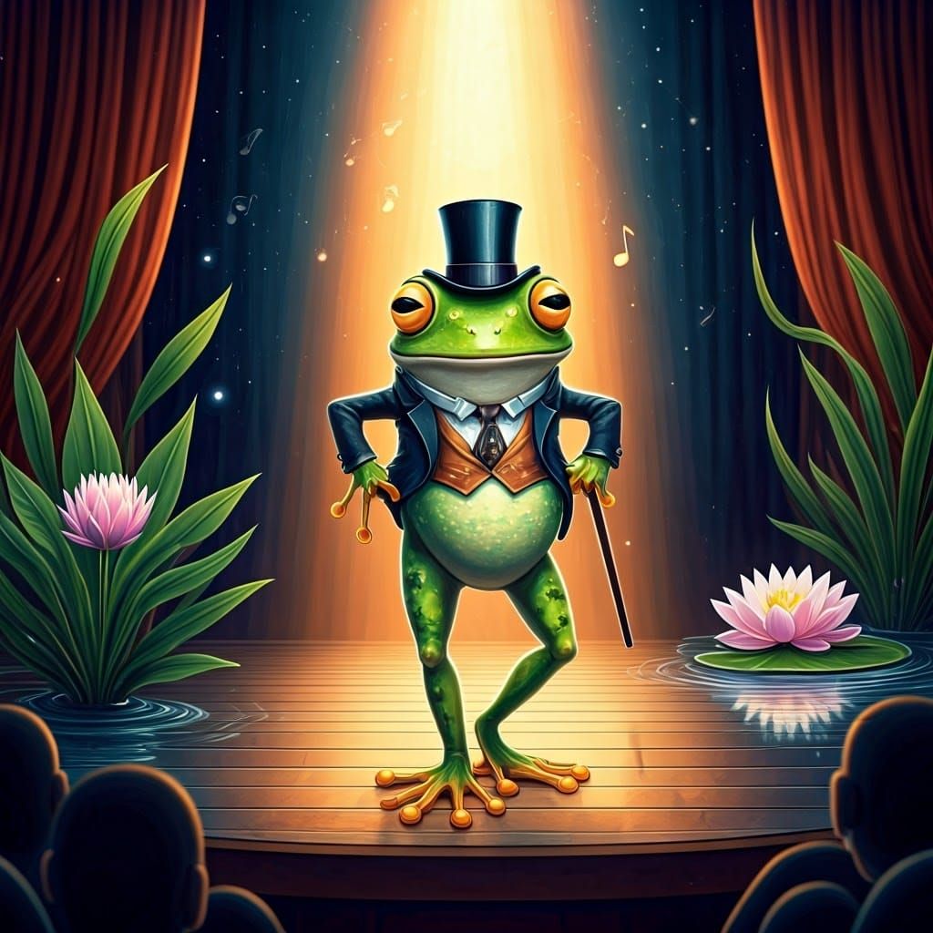 Frog in Top Hat Performs on Stage with Water Display