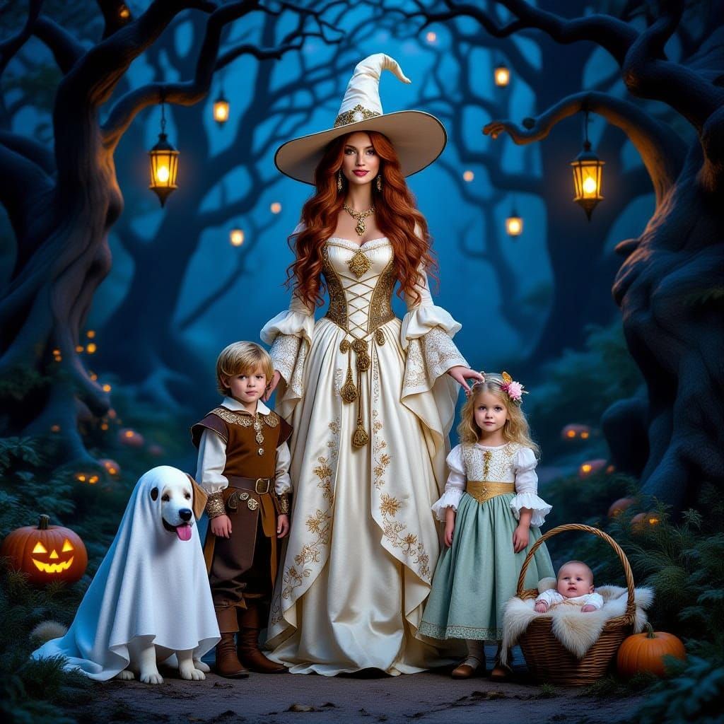 Medieval Witch and Companions on Enchanted Forest Path