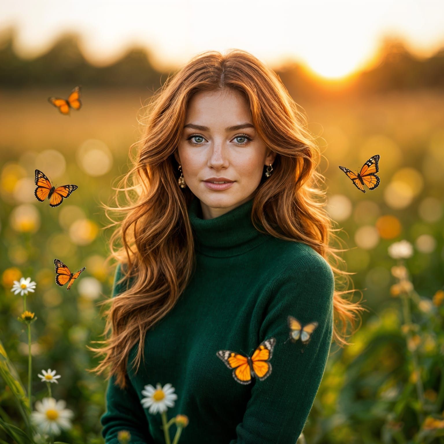 Elegant Woman in Emerald Sweater with Butterflies