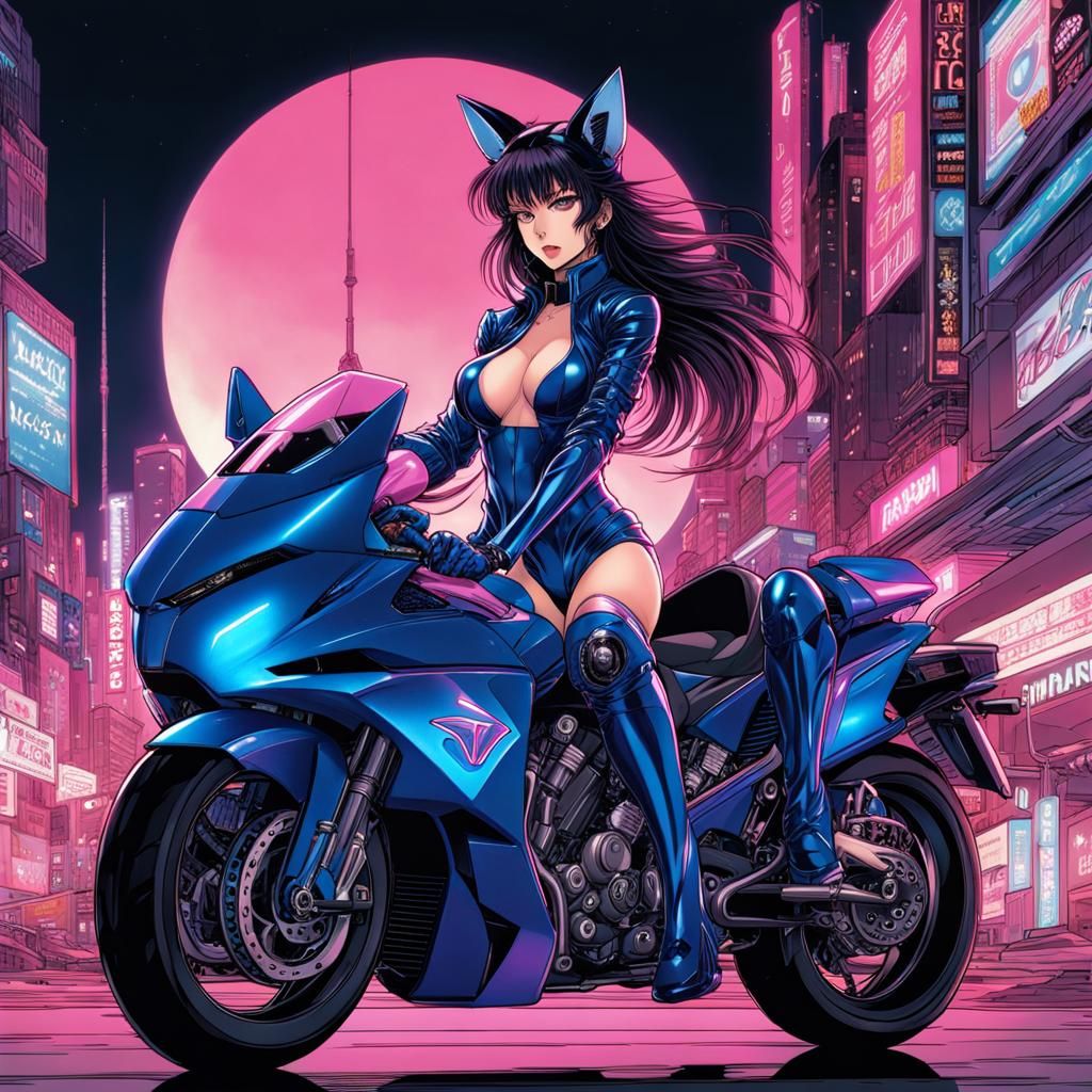 Long hair fox eared kitsune Motoko Kusinagi in pink and blue stealth bodysuit on a futuristic motorcycle at night. 8K re...