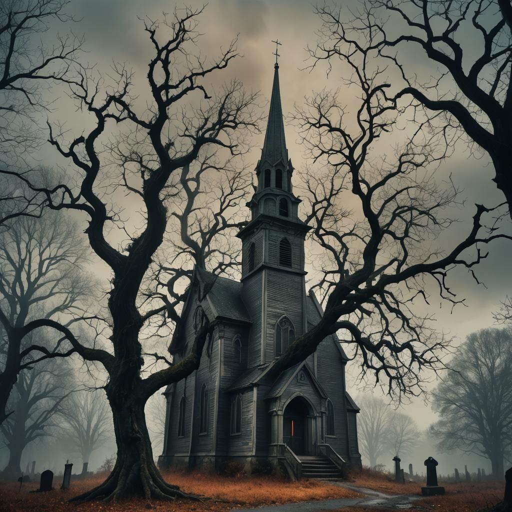 Eerie New England Church in Dark Fantasy Style