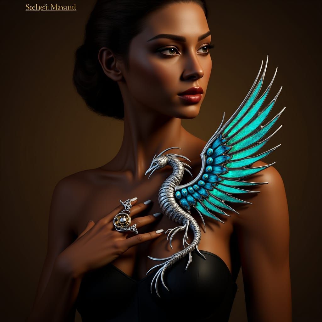 Regal Woman in Steampunk Phoenix Necklace