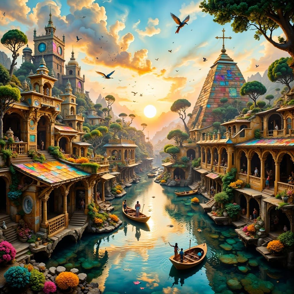 Floating City of Aztec Splendor in Vibrant Dawn Light
