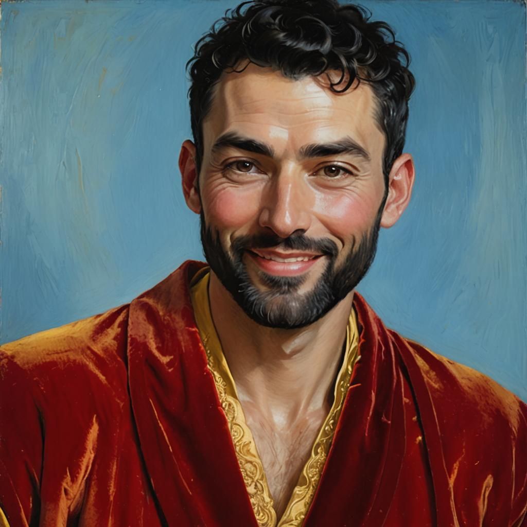 Smiling Man in Golden Robe, Oil Painting Portrait