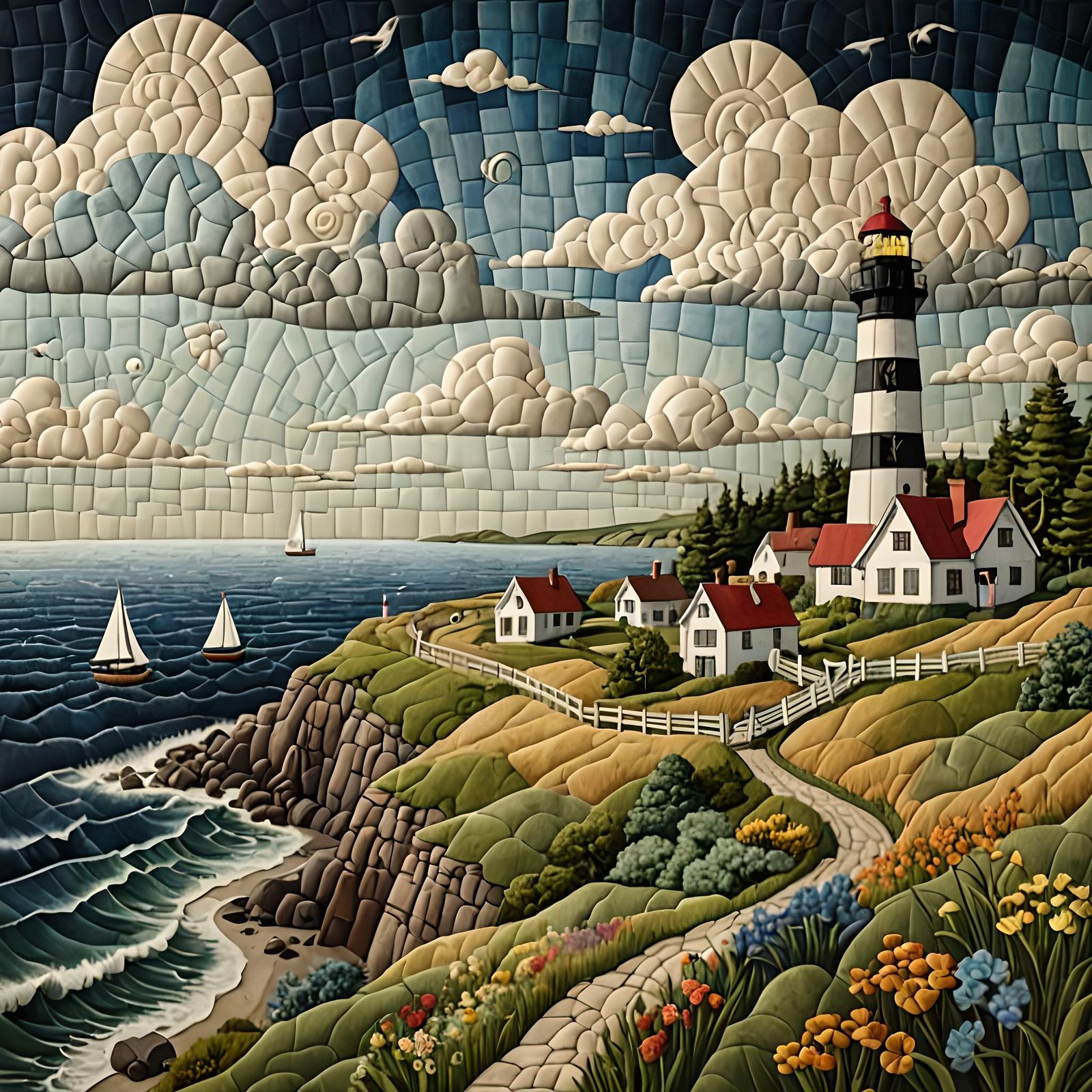 Quilted Lighthouse Coastal Scene as Textile Art