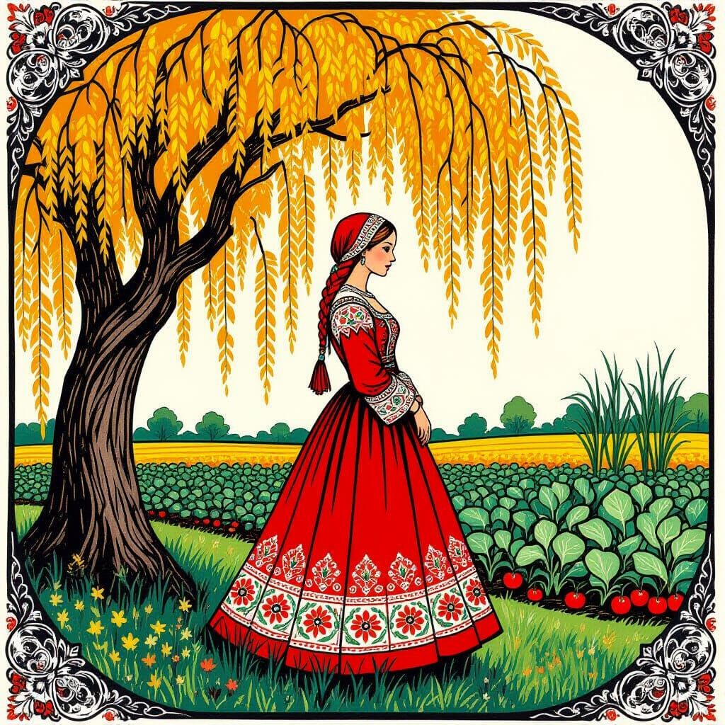 Slavic Maiden Under Willow Tree, Folklore Illustration