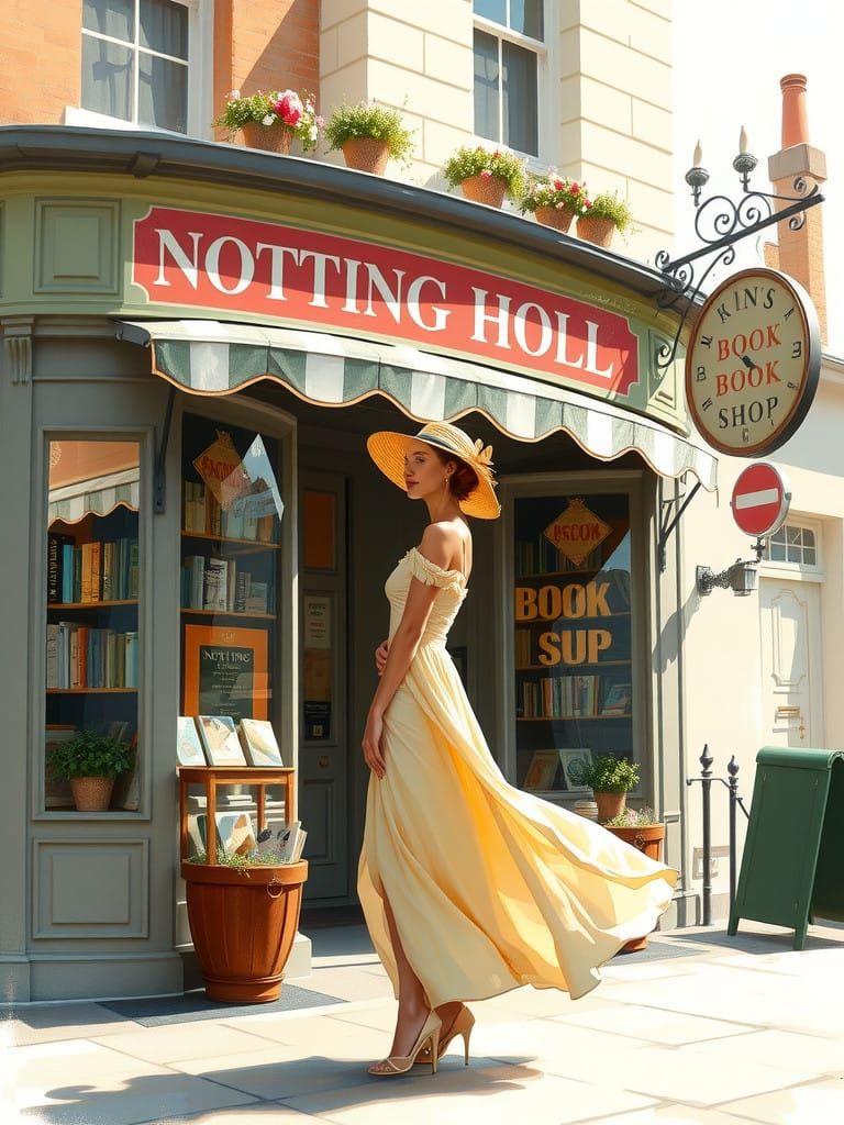 Elegant Woman in Front of Notting Hill Bookshop in Soft Ligh...