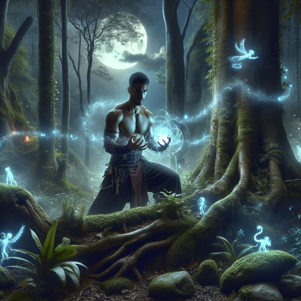 Hispanic Warlock Conjuring Magic in Enchanted Forest