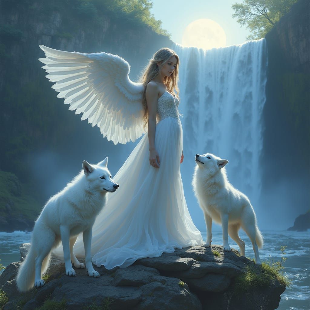 Goddess with Wolves and Waterfall in Mystical Realism
