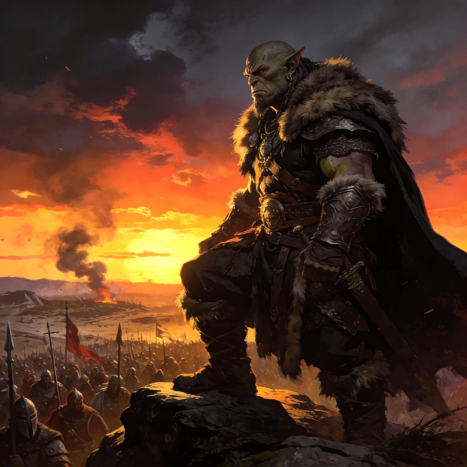 Formidable Half-Orc Chieftain Overlooks Battlefield