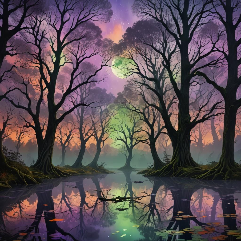 Energetic Forest with Astral Light, Mixed Media Illustration