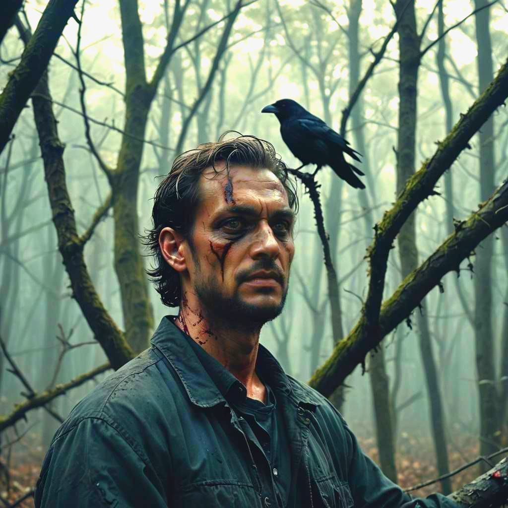 Dramatic Crow and Bleeding Man: Cinematic Still