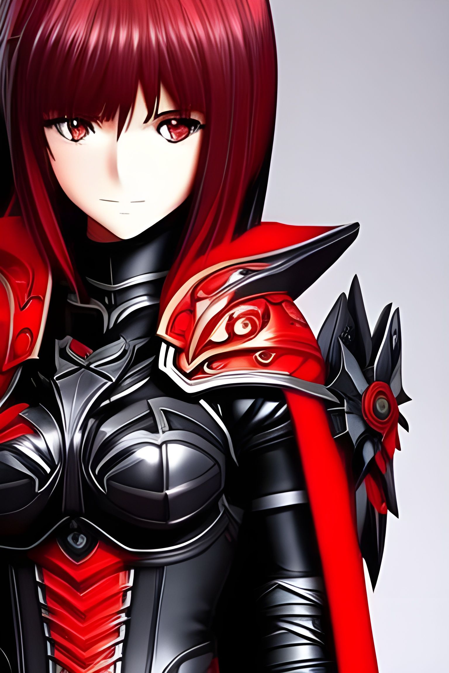 Anime Girl in Detailed Black and Red Armor