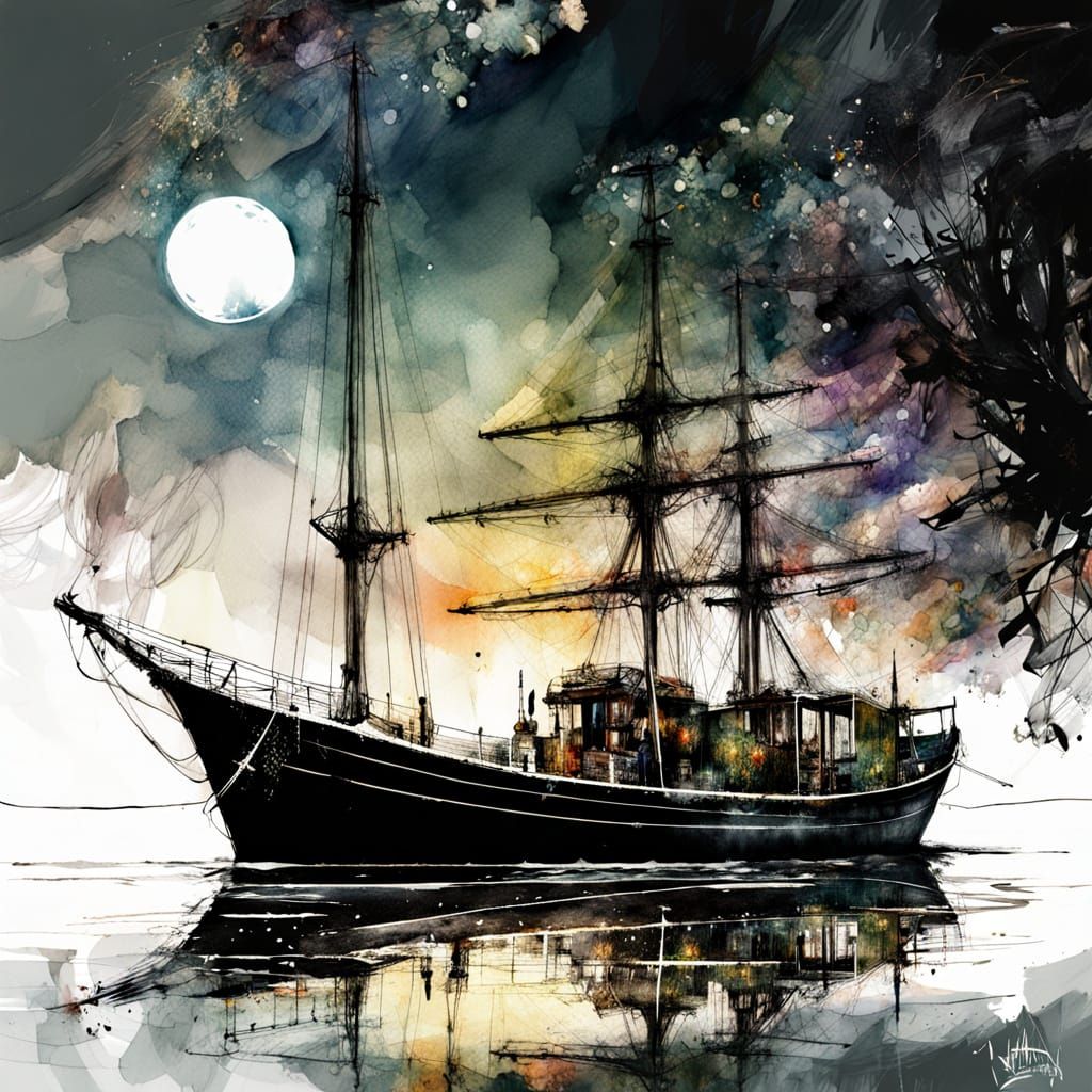 Ethereal Nightscape with Boat and Moonlit Waters