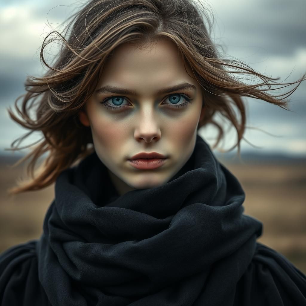 Windswept Woman Portrait with Moody Lighting