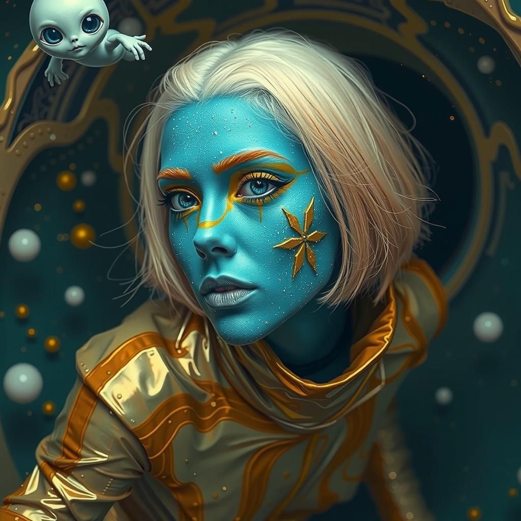 Surreal Alien with Blue Face Paint in Retro-Futuristic Style