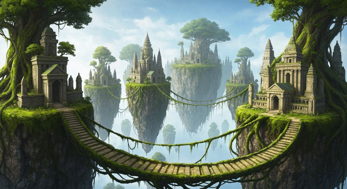 Floating Ancient Cities Connected by Tree Root Bridges in Oi...